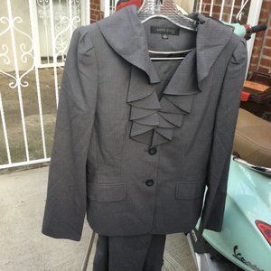 Grey Pinstripe Anne Klein Suit Jacket with Puffed Sleeve and Frill neckline